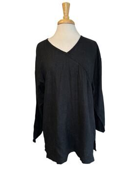 BALI STUDIO COLLECTION 100% Linen Tie Back Tunic Blouse Black Size Large Womens
